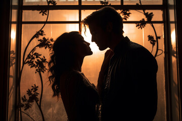 silhoutee of a Couple with closed eyes, Woman and man near window, My love is true, aesthetic look - obrazy, fototapety, plakaty