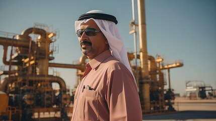 Saudi man standing in front of Oil platform