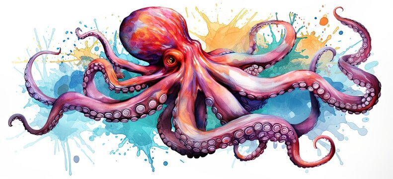 Colorful octopus illustration with whimsical sketch style on vintage parchment background. Concept of marine wildlife art and creativity.