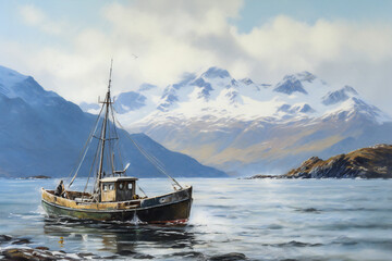 A fishing boat on the North Sea, with snowy mountains in background
