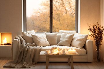 Cozy boho beige interior, with pillows, candles and a window overlooking an autumn landscape