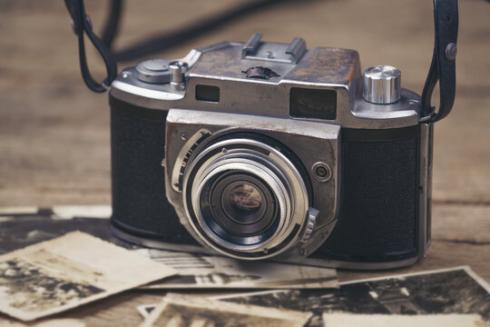 vintage camera on the background of old photos