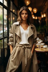 Neutral-toned Outfit Featuring a Relaxed Trench Coat, Generative AI