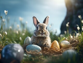 Fototapeta na wymiar Cute rabbit as easter bunny sitting with easter eggs and flowers as illustration, Adorable Bunny With Easter Eggs In Flowery Meadow