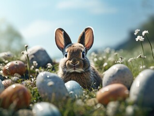 Cute rabbit as easter bunny sitting with easter eggs and flowers as illustration, Adorable Bunny With Easter Eggs In Flowery Meadow