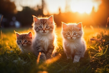 Adorable kittens basking in sunset rays on thegreen lawn