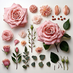 set / collection of beautiful pink roses, flowers, buds and leaf, isolated over a transparent background, cut-out floral, perfume / essential oil or garden design elements, top view / flat lay