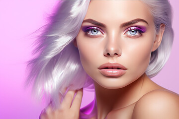 Sensual blond girl with purple hair and glowing skin in colorful iridescent foil. AI generated