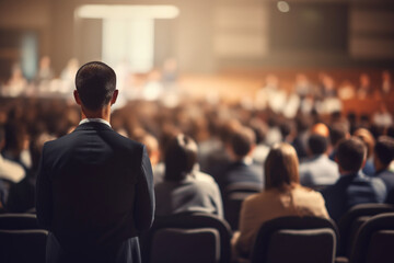 Speaker giving a talk in conference hall at business event, Rear view of unrecognizable people in audience at the conference hall, Business and entrepreneurship concept, blur image, aesthetic look - obrazy, fototapety, plakaty