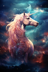 Obraz na płótnie Canvas Celestial Unicorn: Journeying through a Dreamy Space Sky
