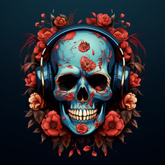 Illustration of skull with vibrant flowers and listening to music through headphones
