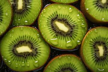 kiwis verdes cortados a la mitad con gotas de agua sobre fondo negro, fruta verde vegetariana. - obrazy, fototapety, plakaty