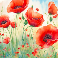 Poppy flowers in field - illustration