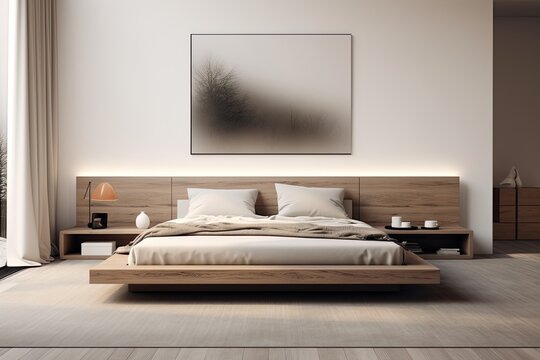 Minimalist bedroom with a platform bed, clean lines, and neutral tones, creating a serene and clutter-free retreat - Generative AI