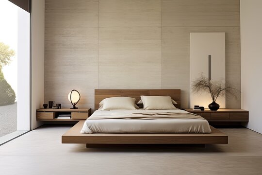 Minimalist bedroom with a platform bed, clean lines, and neutral tones, creating a serene and clutter-free retreat - Generative AI