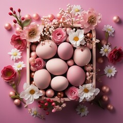 Top view on easter eggs and flowers in a basket, pastel color bakcground