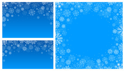 Winter backgrounds set with frame and decor of many different snowflakes on the blue background. Cute Christmas and New Year banner template, print design of greeting card. Vector illustration