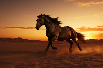A beautiful horse runs in the desert