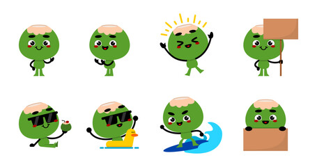 illustration set of funny coconut mascot vector. summer cute mascot. cartoon mascot summer vibes.