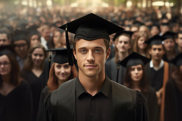 A graduate with a cap on his head in the foreground and more people in the background
