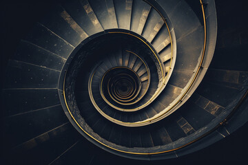 Staircase in spiral or swirl shape, fibonacci golden ratio composition, abstract or architecture concept, dark vintage mysterious