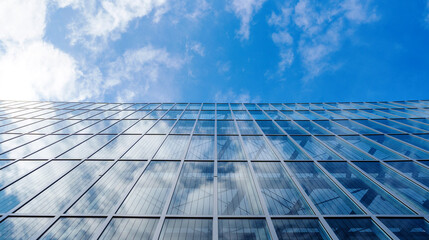 Fototapeta na wymiar View upwards of a transparent glass facade of a modern office building reflecting the sky