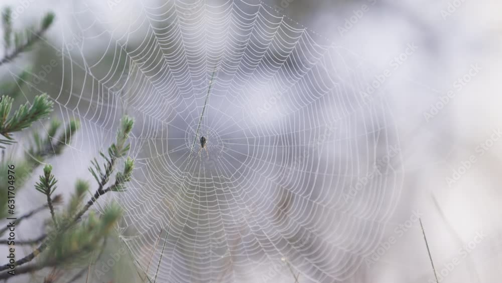 Wall mural a spider resting in the center of its large spider web covered in fine water droplets made by the ea