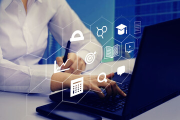  Education internet online digital technology concept. E-learning education, online internet course lessons.  consulting, e-learning concept background.