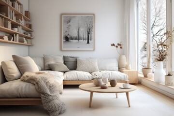 Scandinavian-inspired interior with white walls, light wood accents, and cozy textiles, emanating a sense of simplicity and warmth - Generative AI