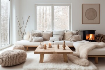 Scandinavian-inspired interior with white walls, light wood accents, and cozy textiles, emanating a sense of simplicity and warmth - Generative AI