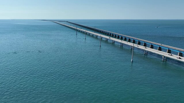 Aerial shot of the Seven Mile Bridge in Florida which connects several of the Florida Keys on the way to Key West