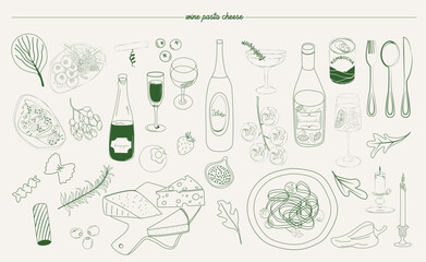 Сollection of cheese and wine illustration in sketch style. Editable vector illustration.kitchen art