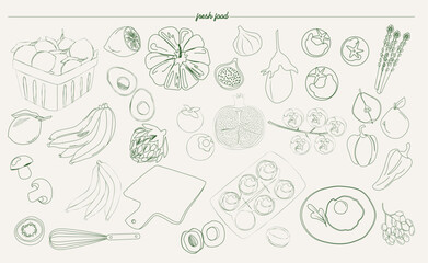 Fototapeta na wymiar Сollection of fresh food, fruit and vegetables illustration in sketch style. Editable vector illustration.