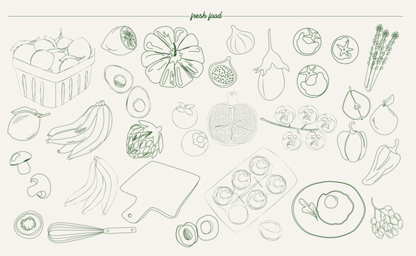 Сollection of fresh food, fruit and vegetables illustration in sketch style. Editable vector illustration.