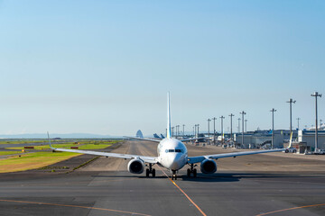 Fototapeta na wymiar 大きな翼のジェット機と空港の広大な誘導路