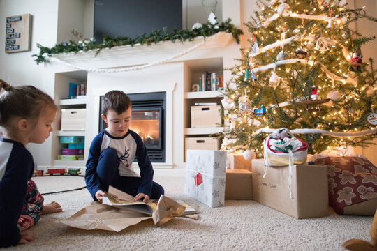 Brother and sister opening gifts under the tree