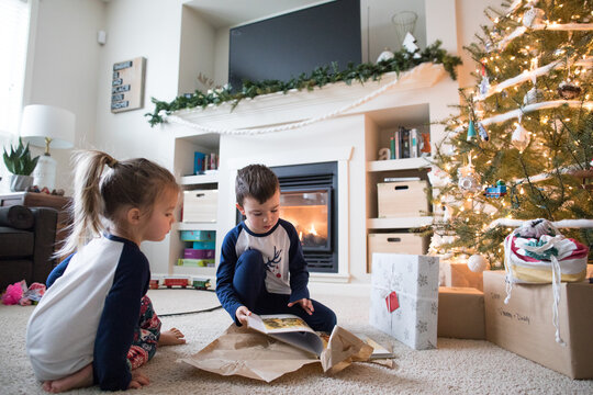 Brother and sister opening gifts under the tree