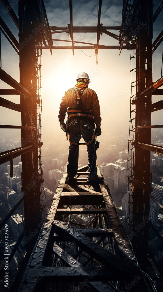 Wall mural construction engineer worker at heights,architecture sci-fi construction working platform on top of 