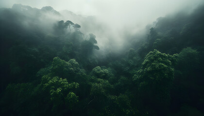 Aerial view of a forest with mist, clouds, banner