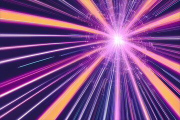 Speed of light in space on dark purple background. Abstract background in purple, pink , white and orange. Cosmic background. Futuristic neon light lines. Communication concept, Speed Data transfer