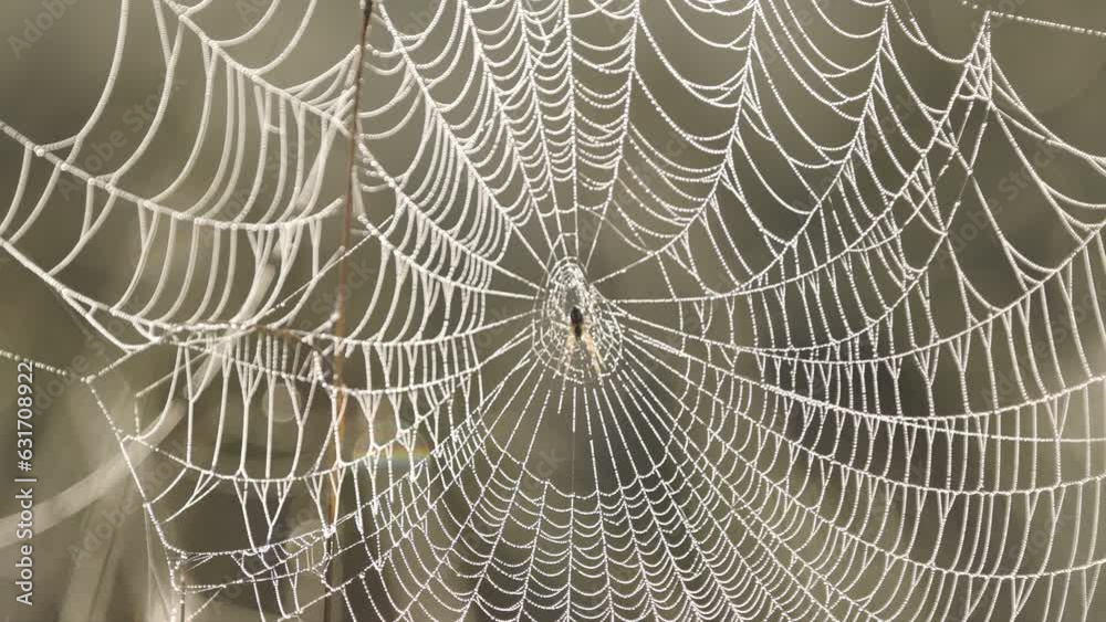 Wall mural slow motion video of a beautiful large spider web covered with drops of dew with a spider in the cen