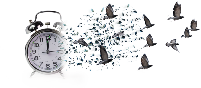 time clock breaking in  flying pieces time pass memory loss future new era feelings