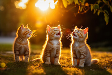 Adorable kittens play in sunset rays on the green lawn