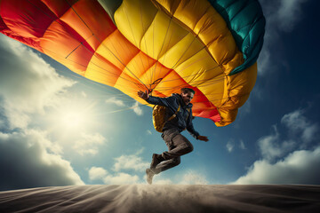 Man jumping with a parachute. - obrazy, fototapety, plakaty