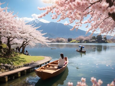  Gorgeous panoramic spring scenery with falling cherry blossoms beside a lake, there is a wooden boat on which two lovers have their backs to the camera