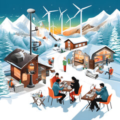 Clipart of employees of energy companies working on winter energy conservation programs Generative AI