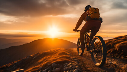 Obraz premium Adventure-themed sports, the sensory experience of mountain bikers at sunset, conveying the meaning of adventure, courage and the outdoors