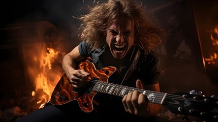 Obraz premium Emotions in Music: Rock Performance with Guitar and Long Hair in the Wind