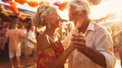 Retired couple hugging with a smile outdoors, enjoying life laughing and dancing - retirement enjoying concept