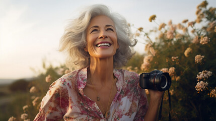 Elderly retired woman taking a photograph with a DSLR camera, photography amateur in a nature taking photos in the field - obrazy, fototapety, plakaty